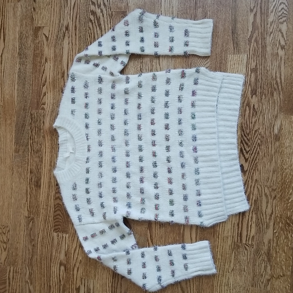 (M) Moth Anthropologie Cozy Knit Sweater Soft Silver & Rainbow Details